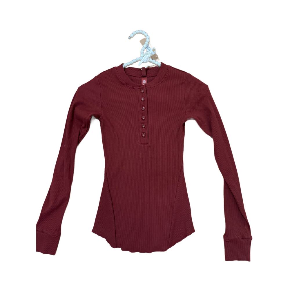 SKIMS Size XXS Cotton Rib Long Sleeve Henley Sangria Ribbed Shirt NWT
